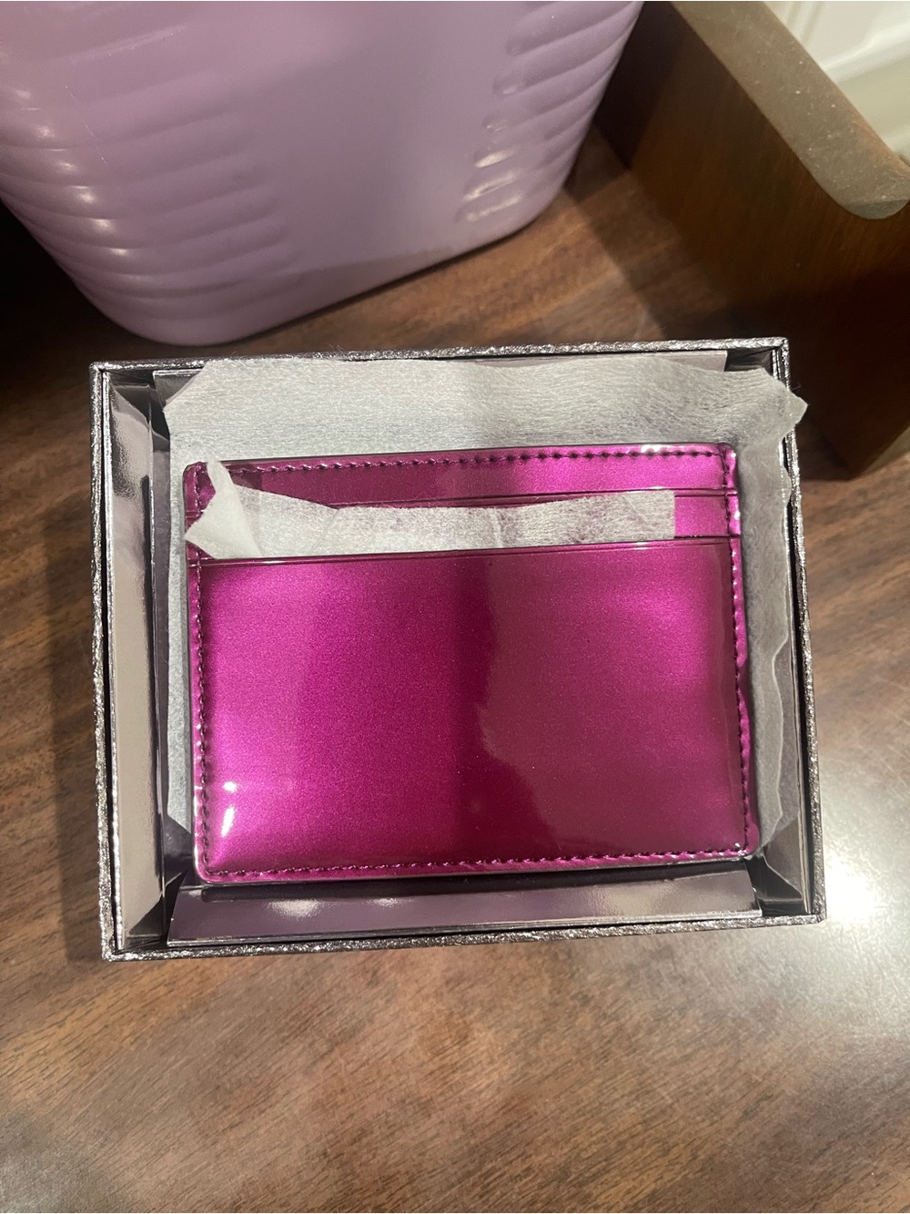 kate spade Metallic Fuchsia Card & Key Holder with Gold Logo Plate - Picture 3 of 5